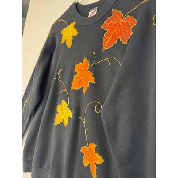 Vtg 90s Sweatshirt Jerzees Leaves Fall Puff Print USA Womens L Black Autumn - Picture 3 of 6